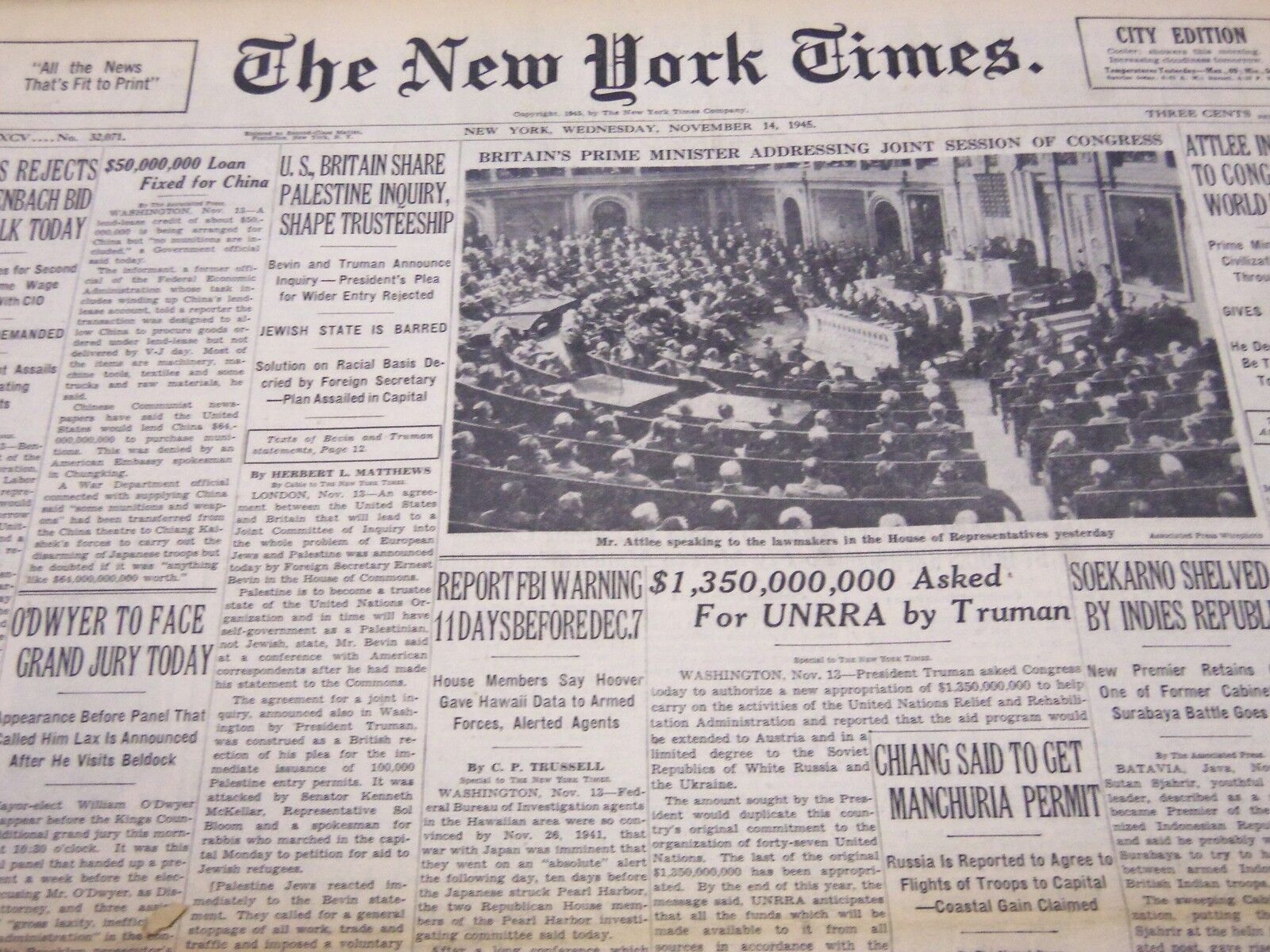 1945 NOV 14 NEW YORK TIMES - REPORT FBI WARNING 11 DAYS BEFORE DEC 7TH - NT 284