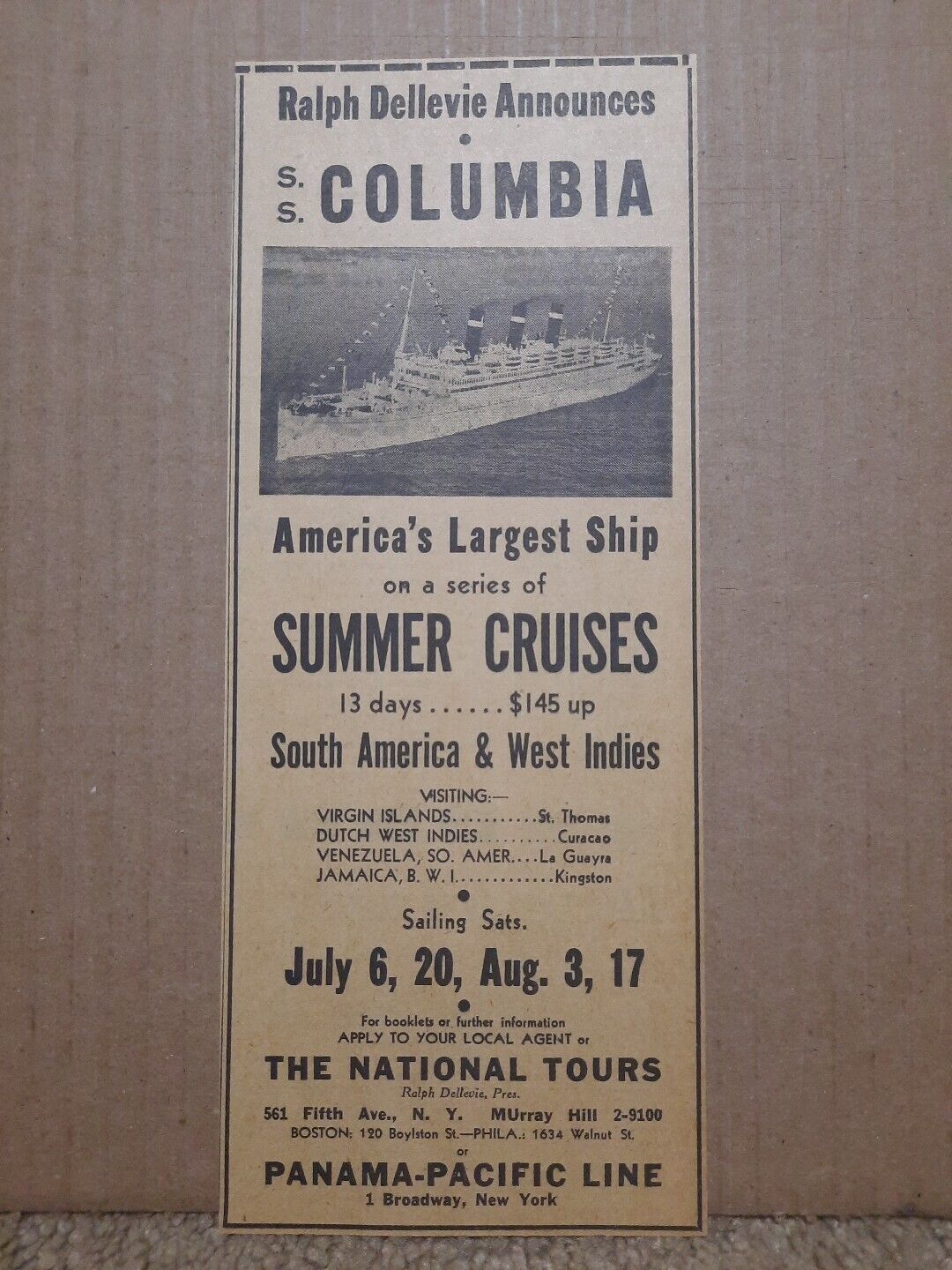 1935 S.S. Columbia Cruise Liner Ship Newspaper Ad Panama Pacific Line
