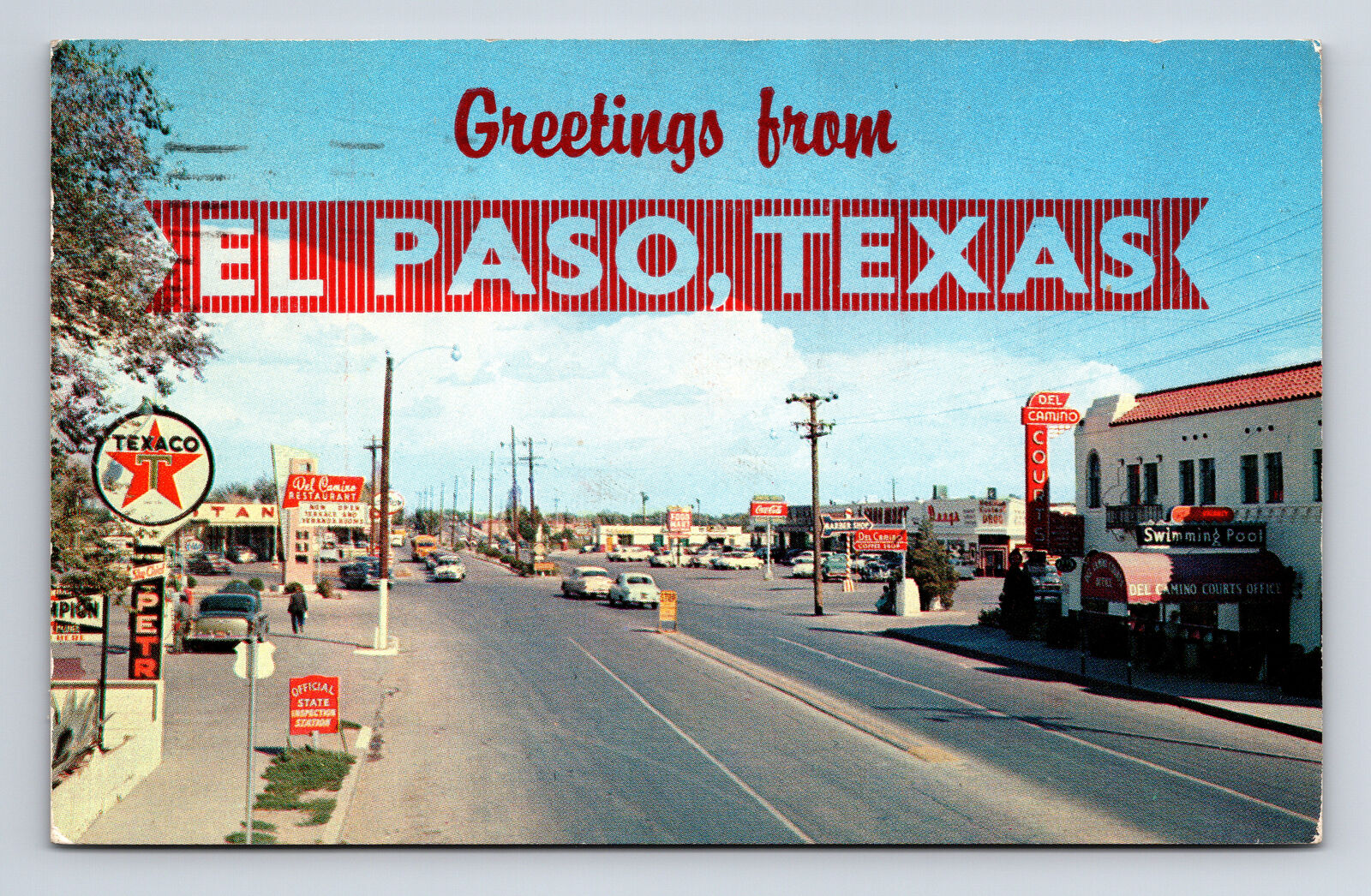 Del Camino Shopping Center Texaco Restaurant Hotel Barber El Paso TX Postcard