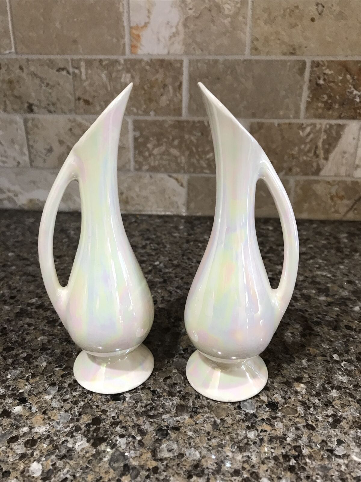Two Iridescent White Glazed Ceramic Ewer Style Bud Vase 5.5” Initiated EUC