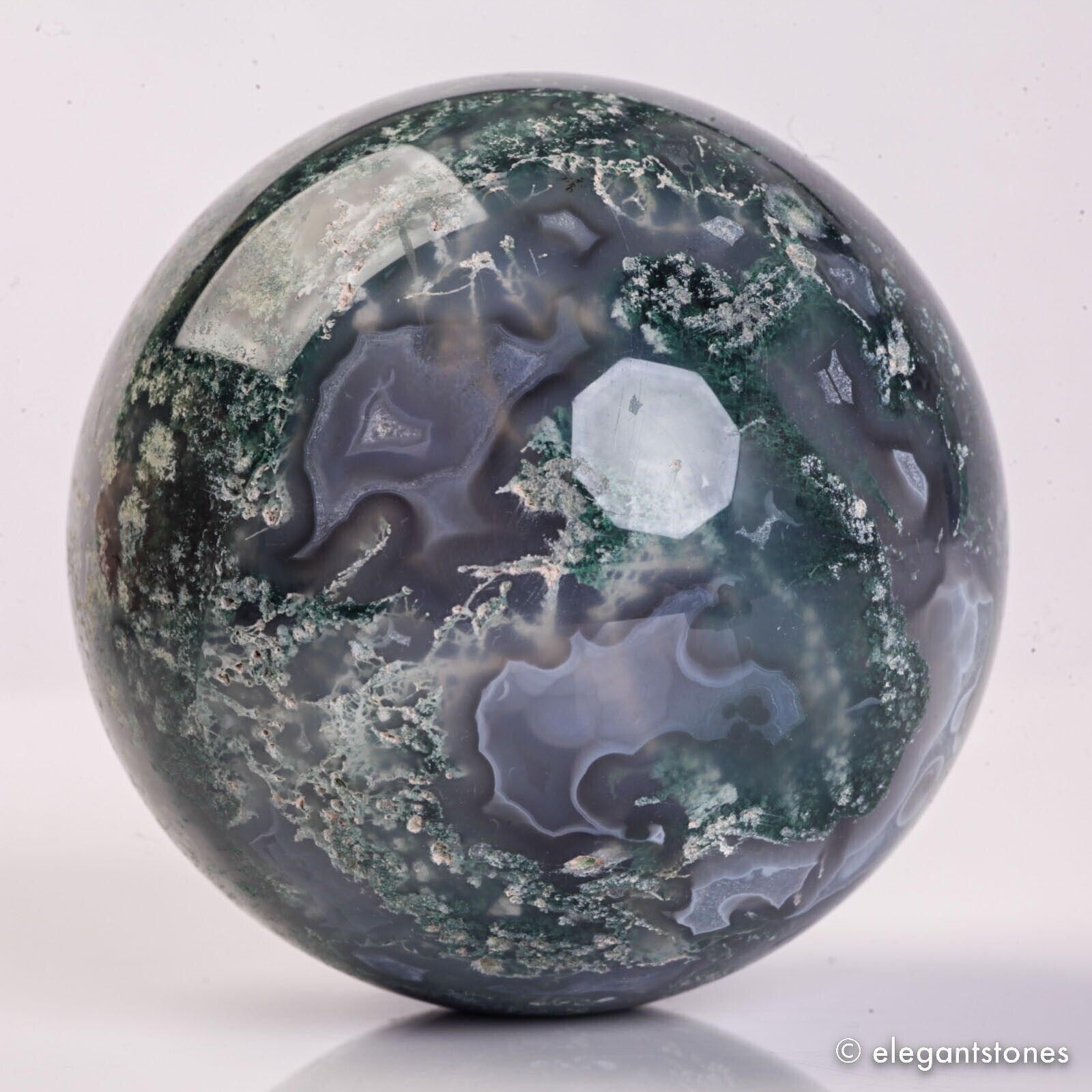 417g 67mm Natural Green Moss Agate Crystal Geode Sphere Quartz Healing Ball