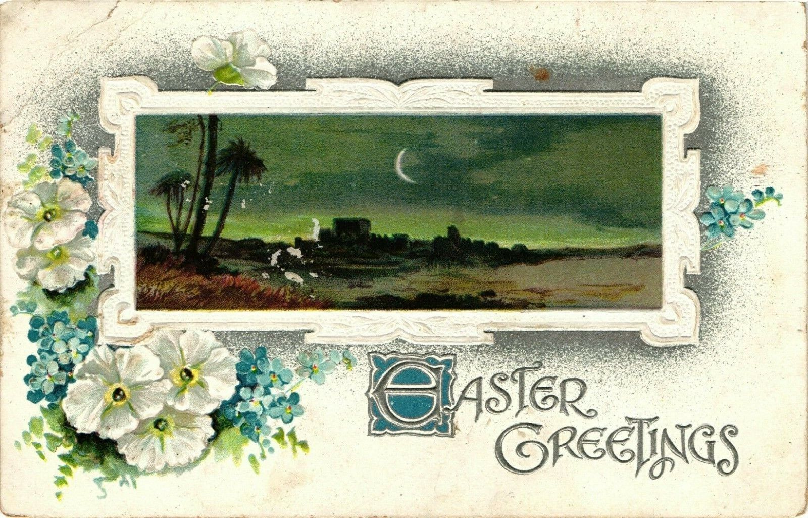 Antique Postcard Made In Germany Silvered Embossed Easter Greetings TP&C UNP