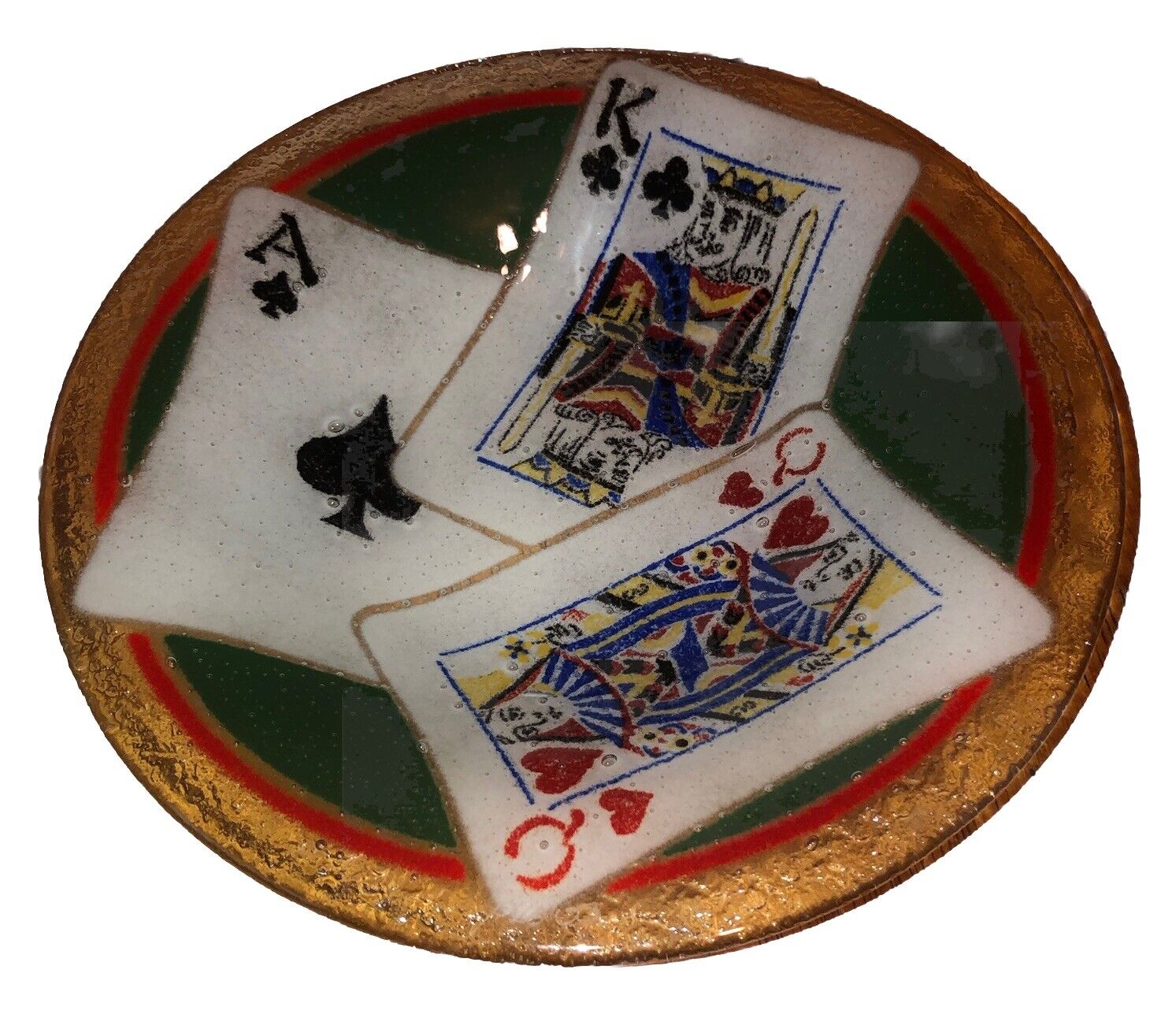 Retired Peggy Karr Fused Art Glass Playing Cards Bowl Vintage 8 1/2”