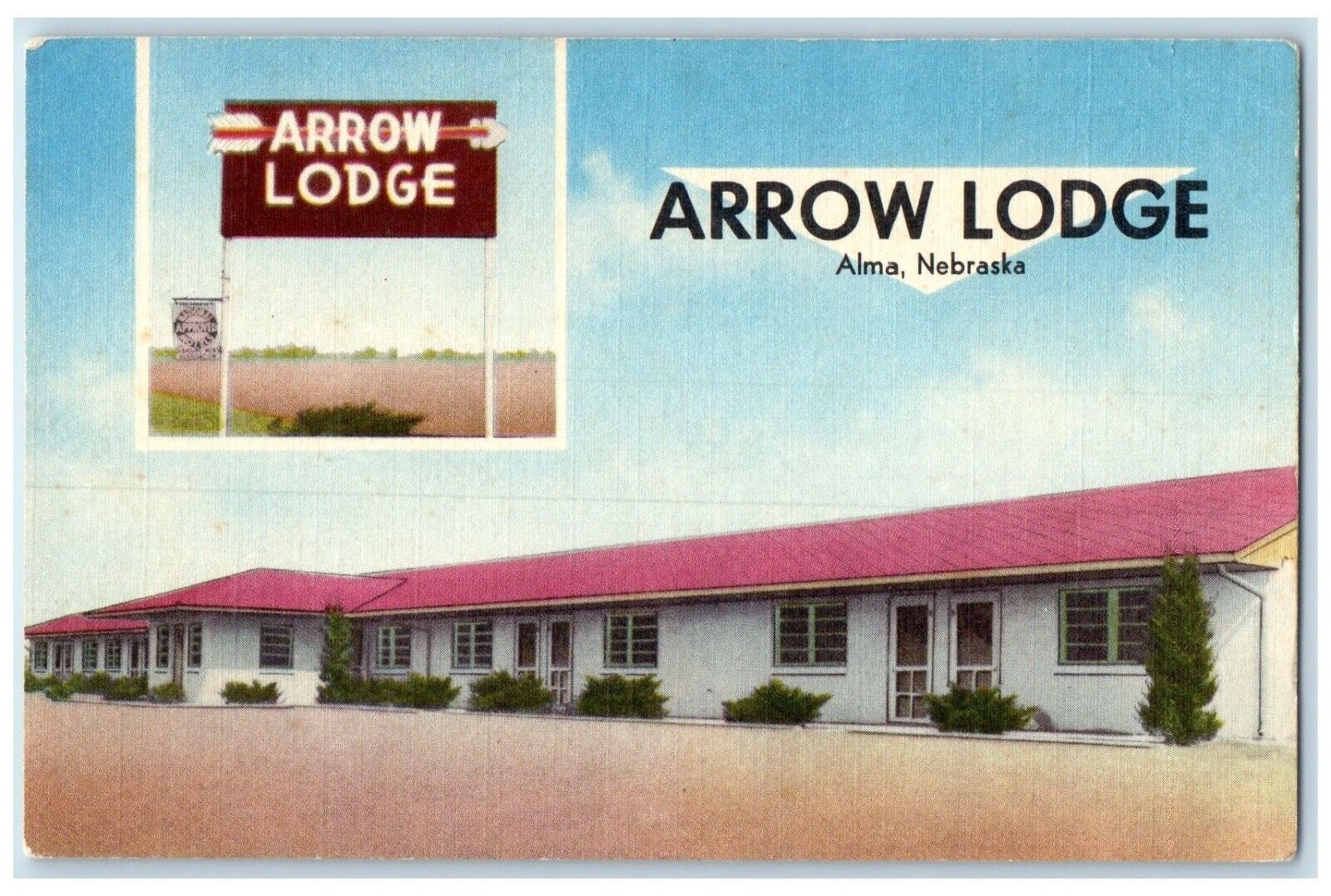 c1950's Arrow Lodge Motel Roadside Alma Nebraska NE Unposted Vintage Postcard