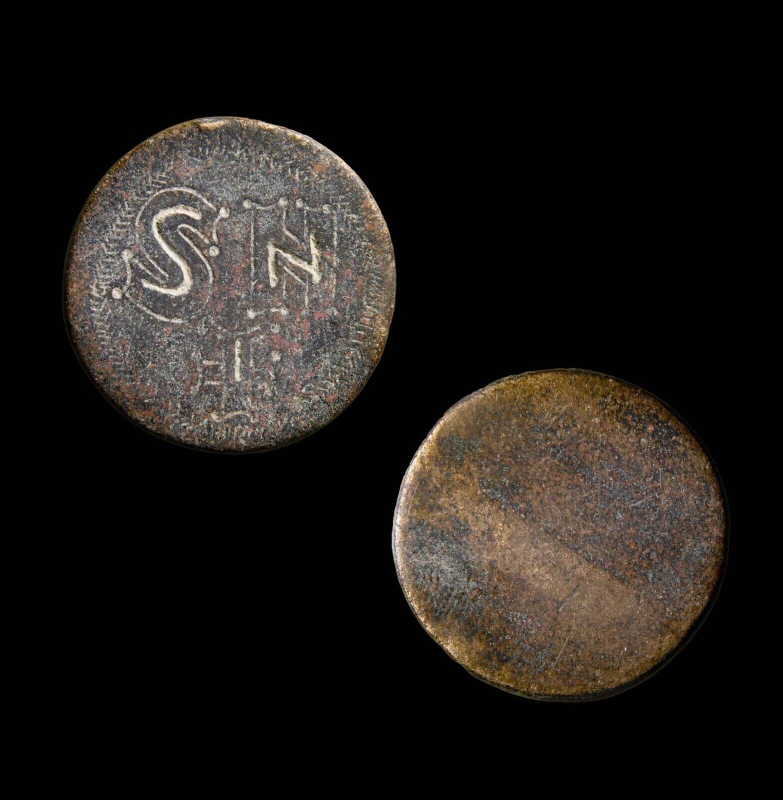 RARE Inlaid with SN and Cross BYZANTINE WEIGHTS. Round 1 Uncia 30grm Antiquity