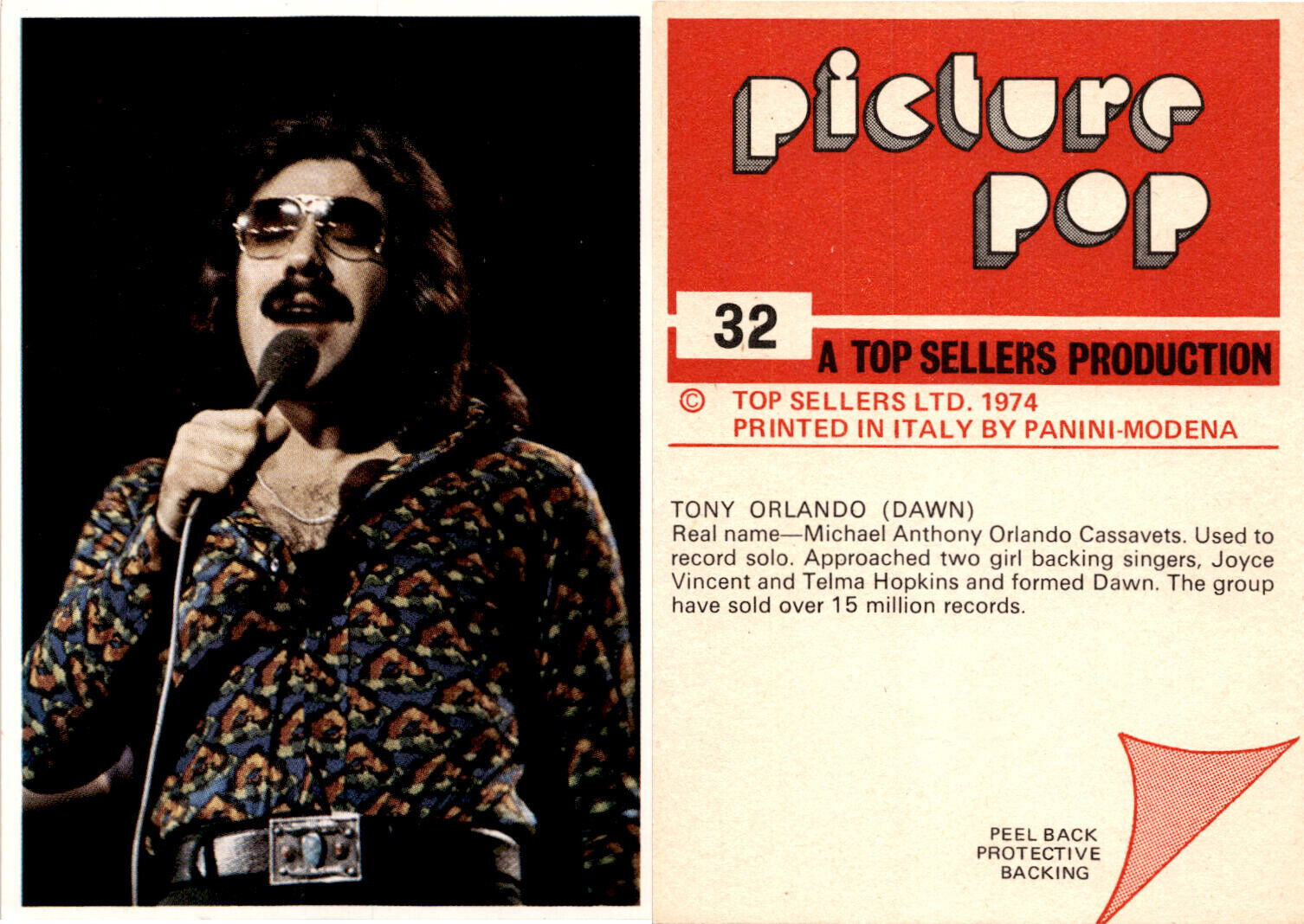 1974 Panini Top Sellers, Picture Pop Musicians, #32 Tony Orlando (Dawn)