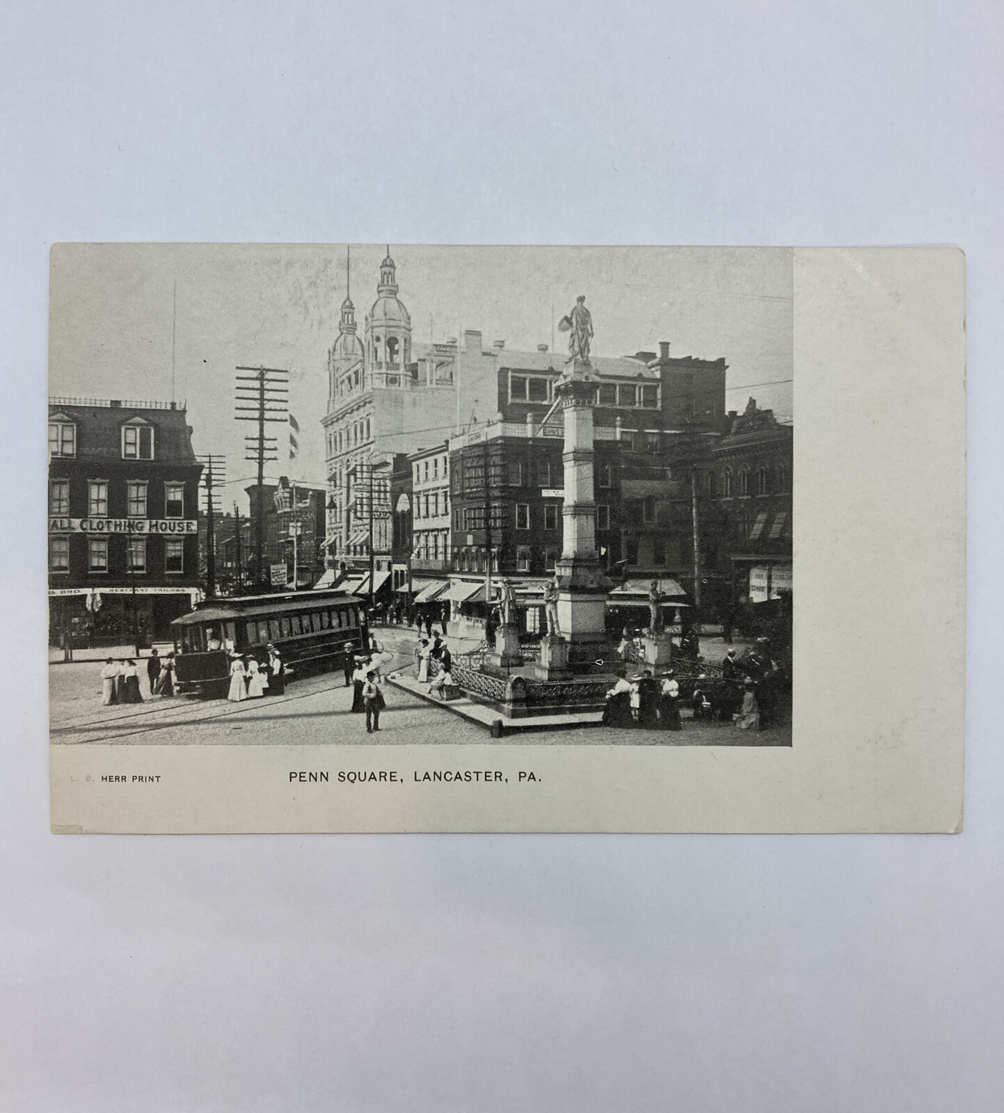 Lancaster Pa Pennsylvania - Penn Square - Trolley - Monument -  Postcard - B/W