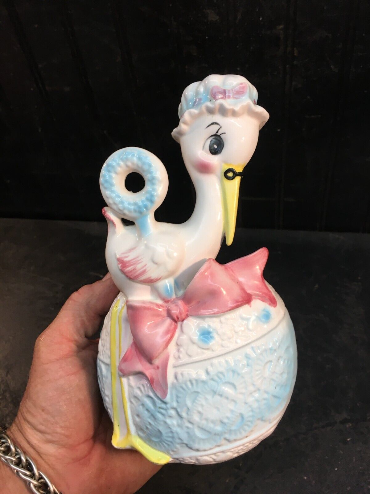 Relpo Ceramic Planter Stork in Basket  8in Nursery Planter