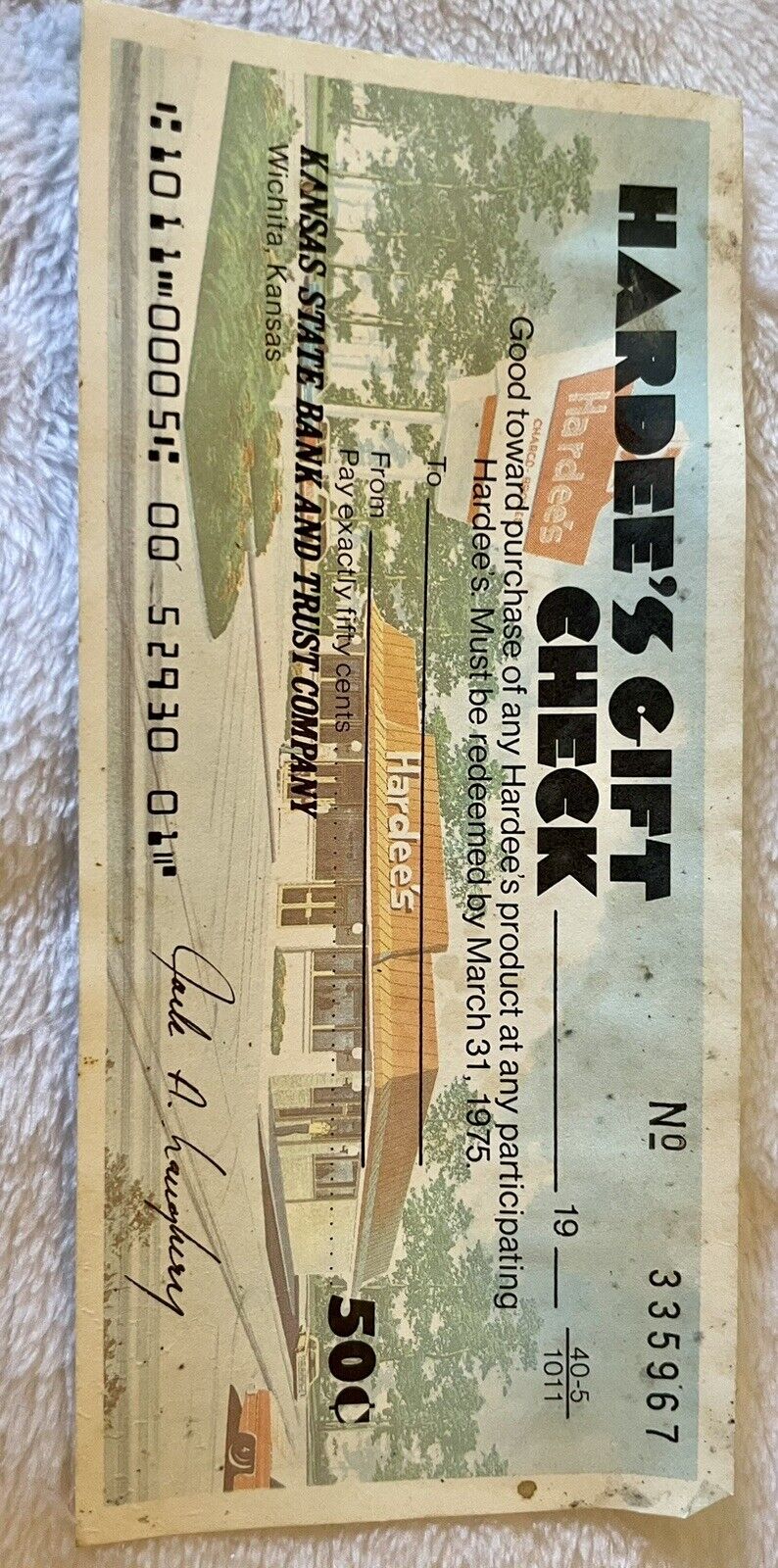 Hardee’s Gift Check 1975 Kansas State Bank And Trust Company