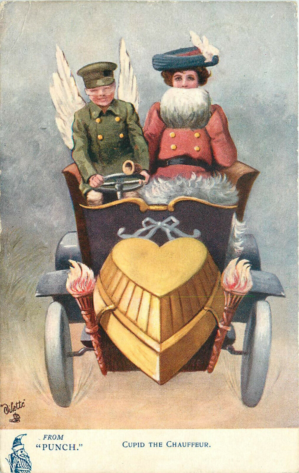 Tucks Oilette Postcard 9144  Cupid The Chauffeur From Punch Motoring Jokes