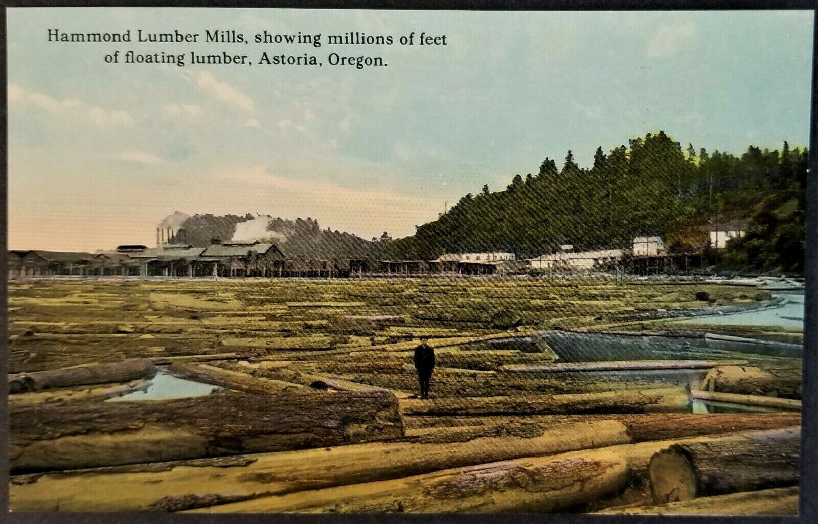 Hammond Lumber Mills, Man on Floating Logs, Astoria, OR. Pre-1920.
