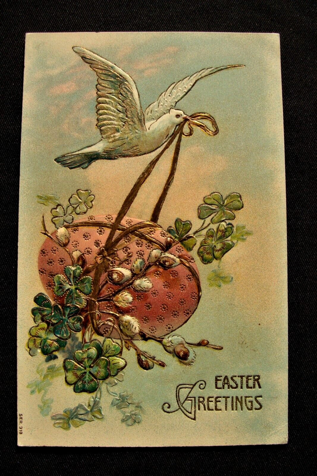 Flying Dove w Big Pink Easter Egg 4 Leaaf Clover Pussywillows Gold Gild Postcard
