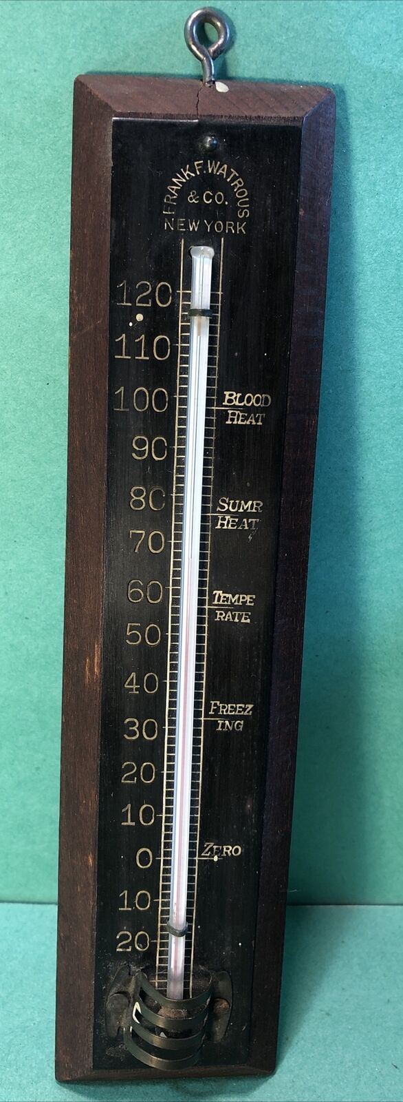 Frank F. Watrous & Co Wooden Thermometer 8 1/2” Antique Vintage