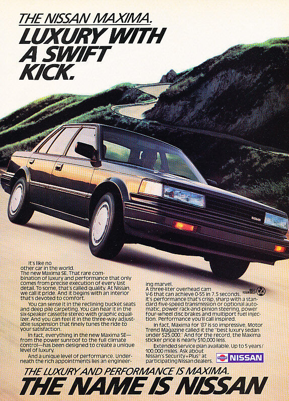 1987 Nissan Maxima - luxury kick - Classic Vintage Advertisement Ad PE101