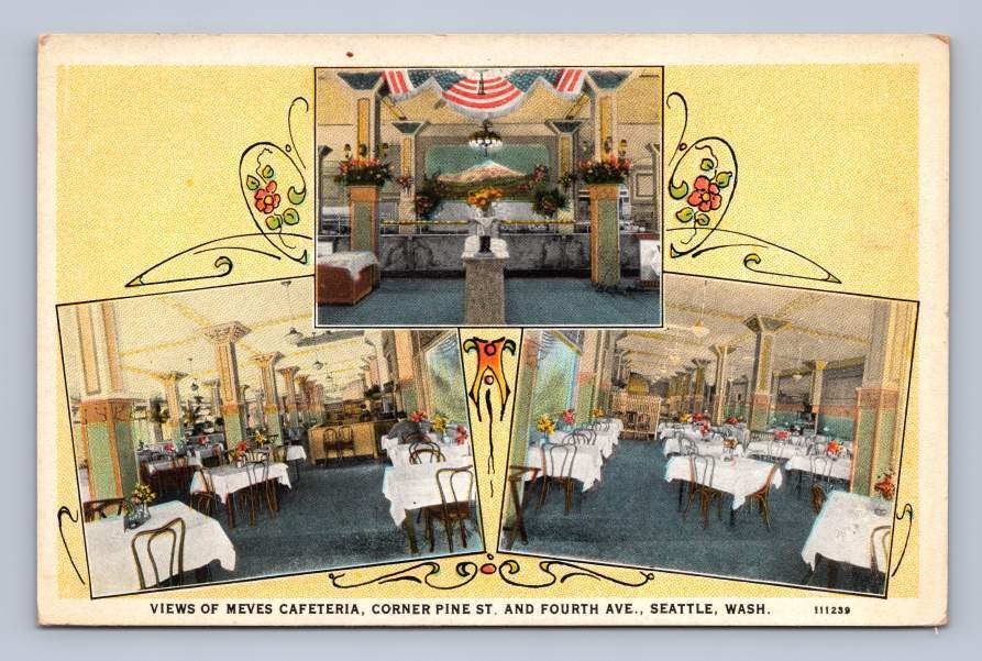 Meves Cafeteria SEATTLE Washington ~ Antique Restaurant Multiview PC ~1920s
