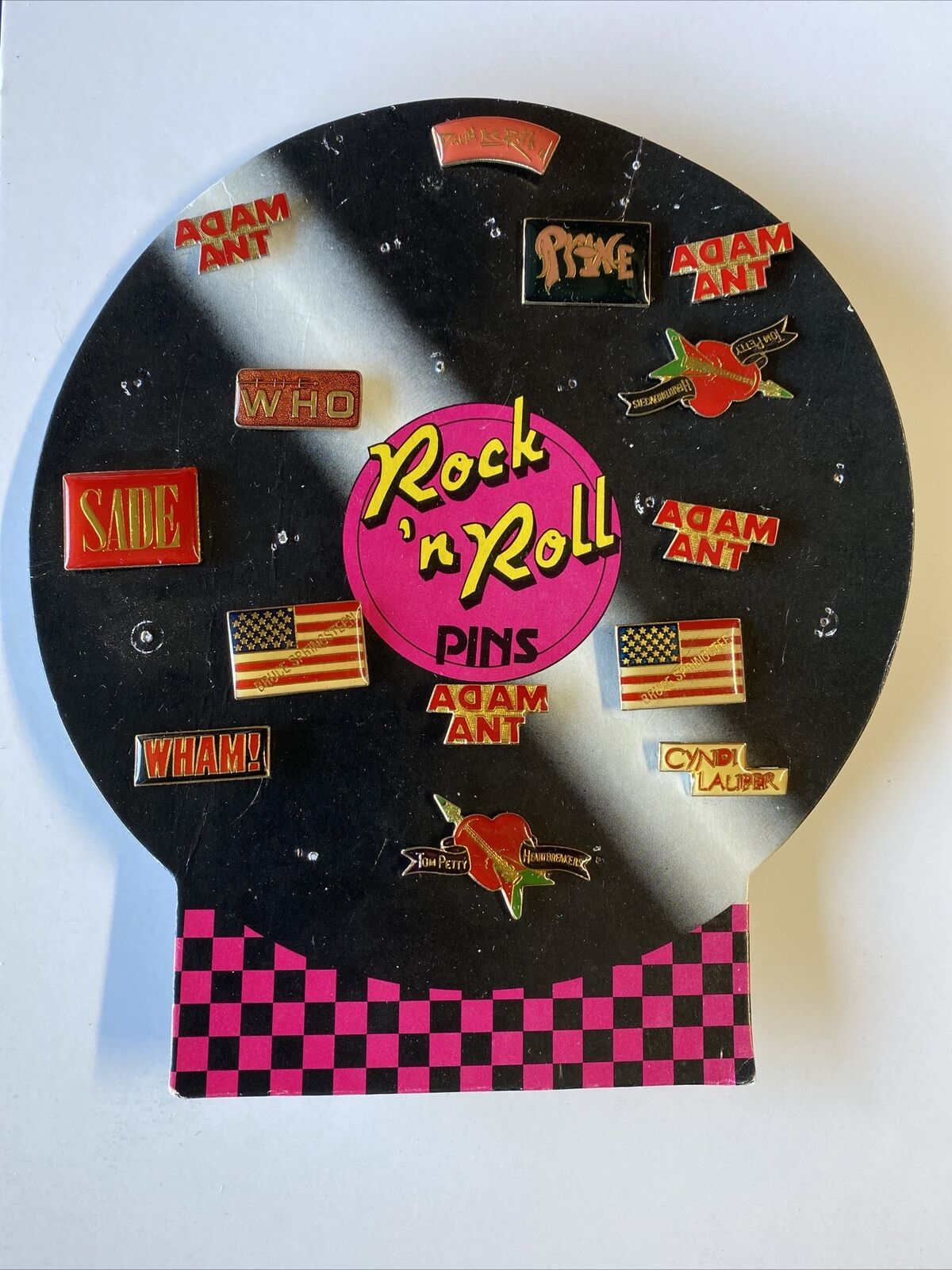 RARE Vintage Lot of 14 1980s Rock N Roll Lapel Pins Original Store Display Stand