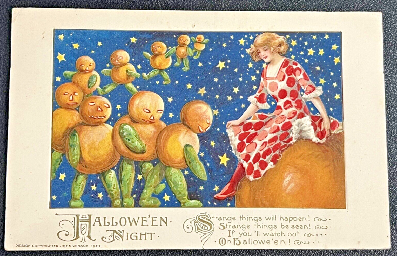 1913 Halloween Night John Winsch Schmucker Lady on JOL Pumpkin People