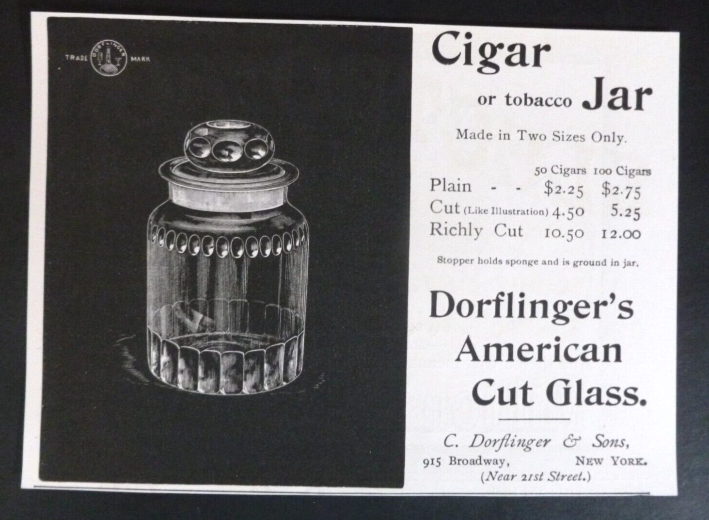 RARE 1896 Antique Ad DORFLINGER American Cut Glass Cigar Tobacco Humidor Jar Vtg