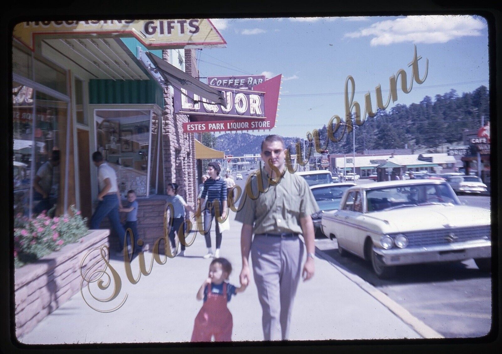 Estes Park Colorado Street Scene Signs Stores Cars 35mm Slide 1960s Kodachrome
