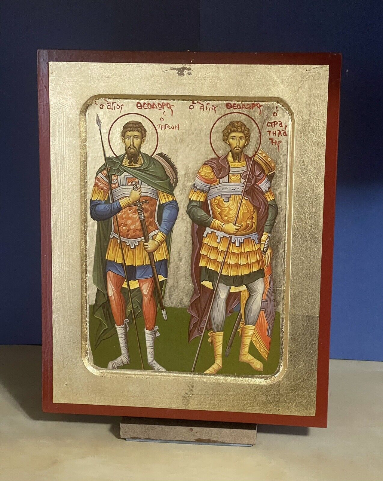 Saints Theodore -Greek Russian WOODEN ICON, CARVED WITH GILDING 8x10 inches