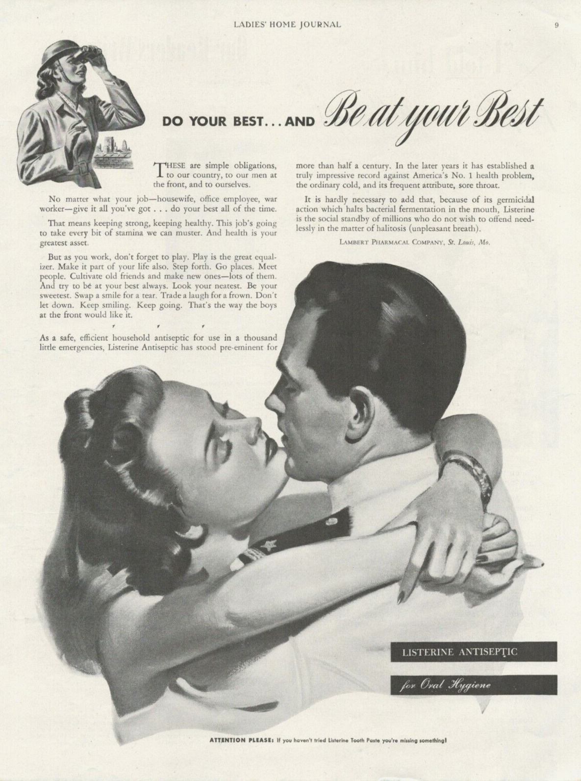 1943 WWII LISTERINE soldier kissing PRINT AD 1940\'s soldier coming home to wife