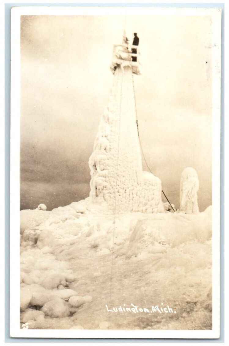 c1940's Ice Winter Frozen Lighthouse Man View Ludington MI RPPC Photo Postcard