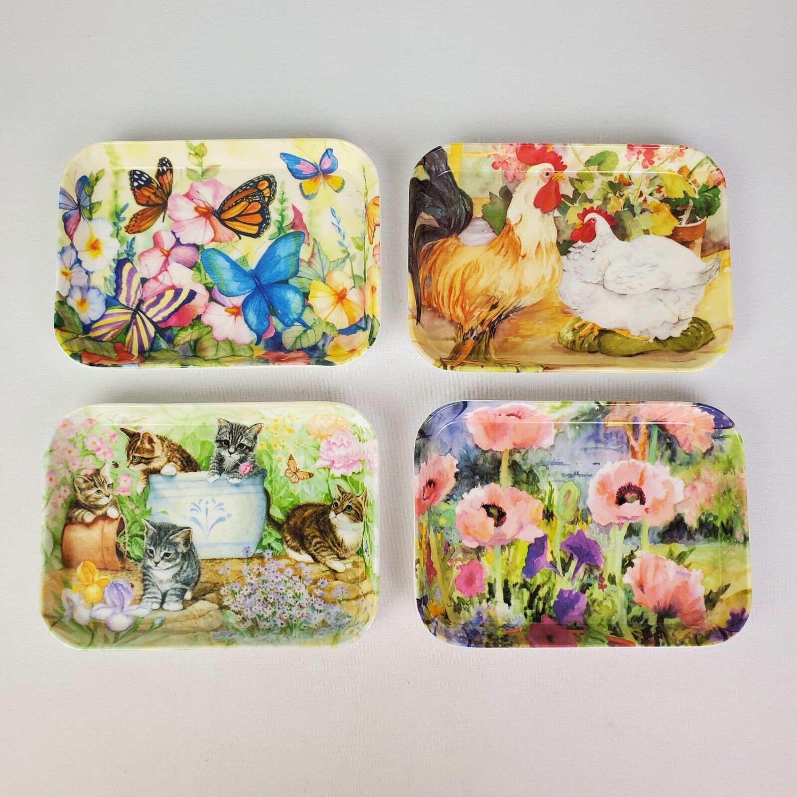 R2S Monza Italy Melamine Snack Trinket Tray Set of 4 Nature Art Butterflies Cat