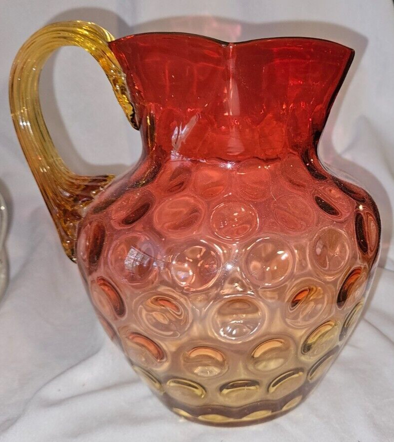 Antique Amberina Pitcher with Square Top, Reeded Amber Handle, Reverse Coin Dot
