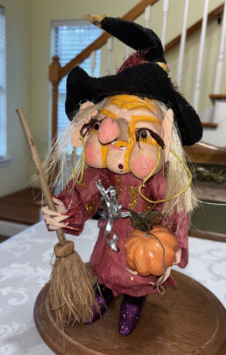 Vintage 80’s Halloween Paper Mache Witch holding pumpkin with Broom