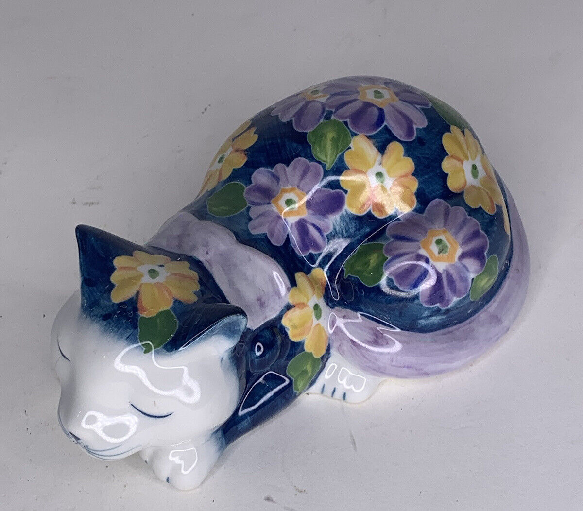 Vintage Andrea Sadek Porcelain Sleeping Cat Blue Purple Yellow Floral