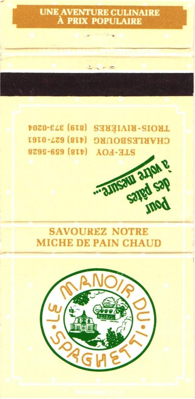 Ste-Foy Quebec Canada Le Manoir du Spaghetti Vintage Matchbook Cover