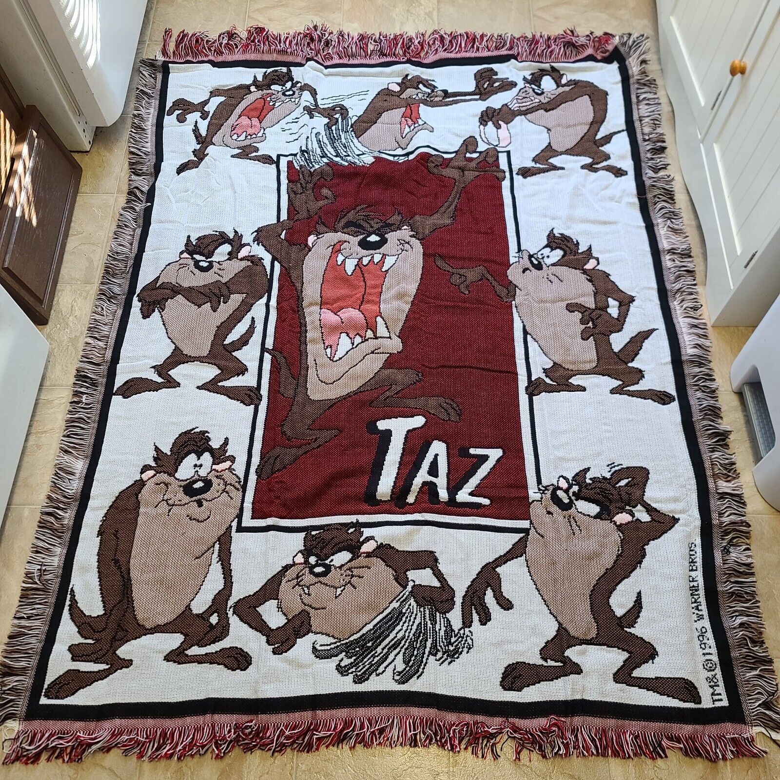 Taz Tazmanian Devil Throw Blanket 1996 Crown Crafts Acrylic Tapestry Fringe Vtg