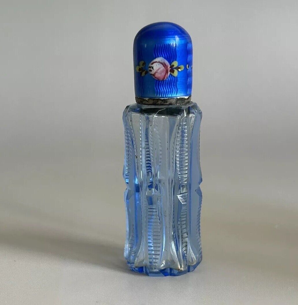 Antique Art Deco Hand Cut Glass Scent Bottle 935 Silver Blue Guilloche Enamel 