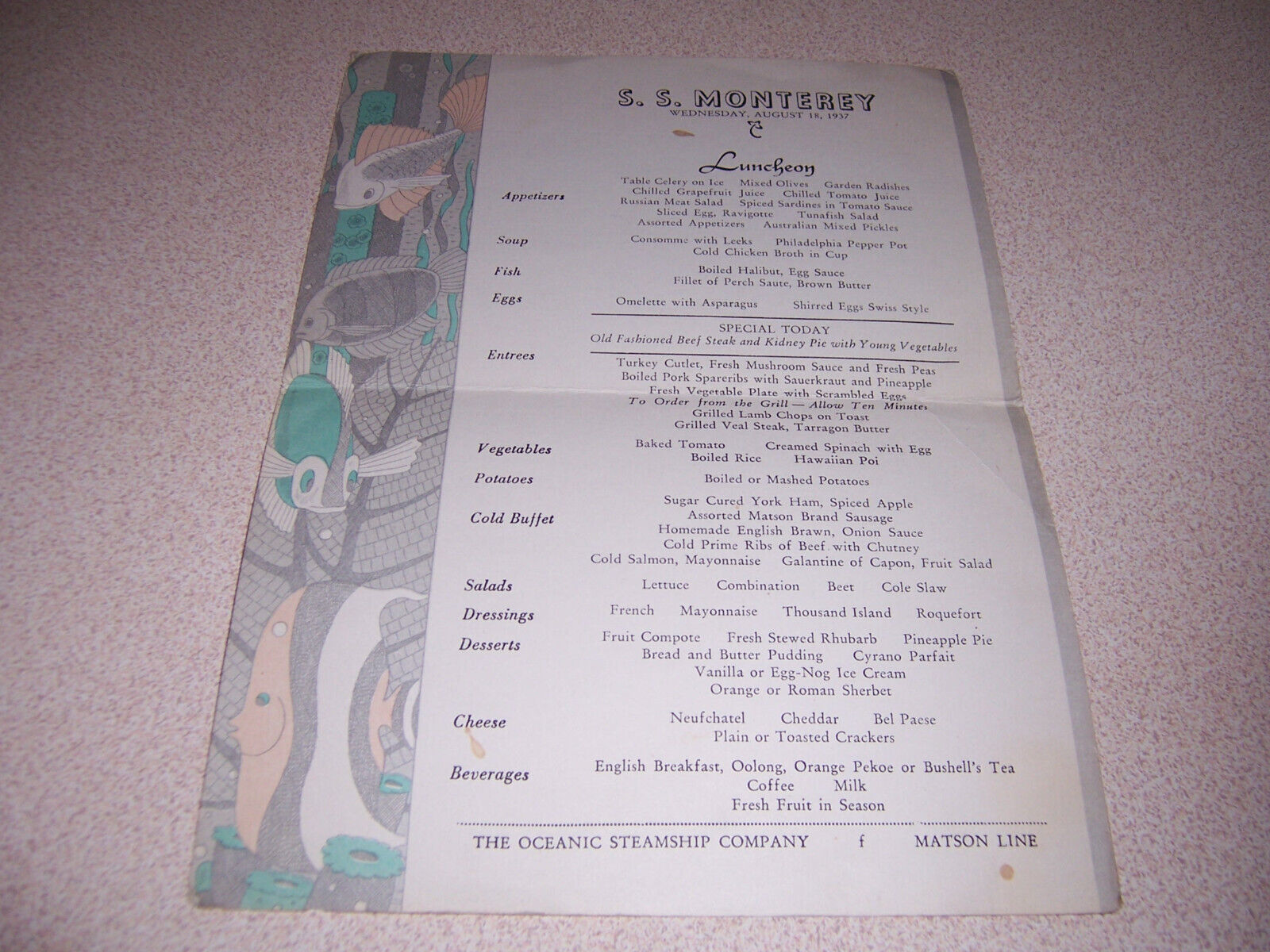 1937 SS MONTEREY LUNCHEON MENU - OCEANIC STEAMSHIP COMPANY, MATSON LINE