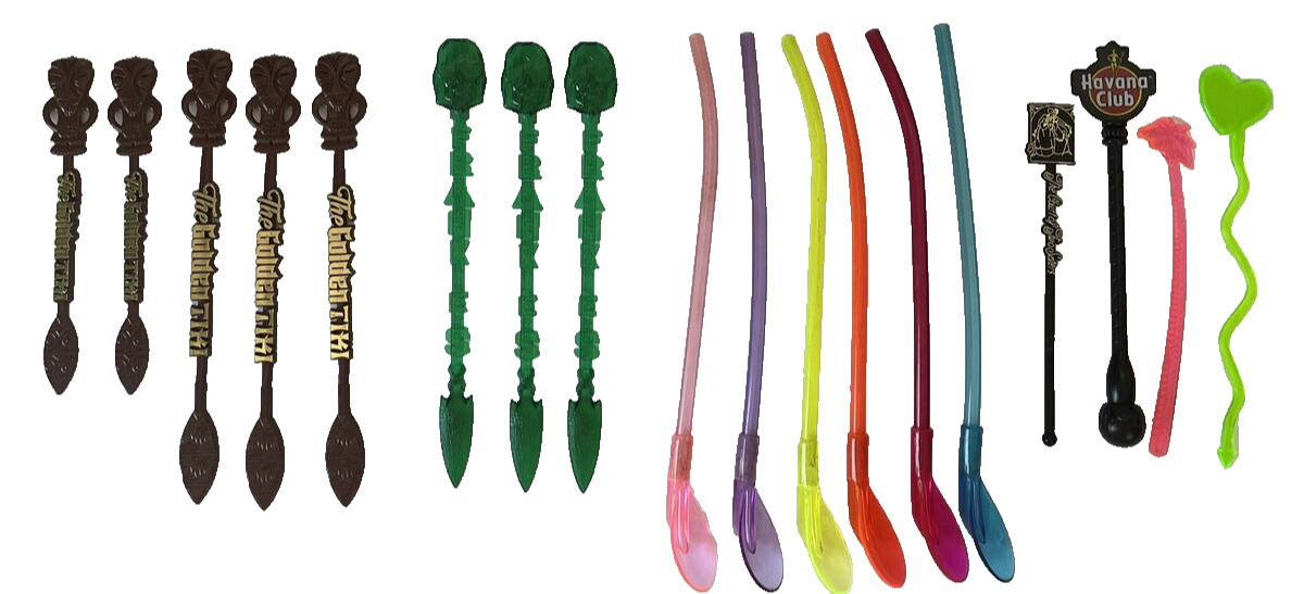 Plastic Swizzle Sticks Frankies & Golden Tiki Havana Spoon Straws Lot of 18