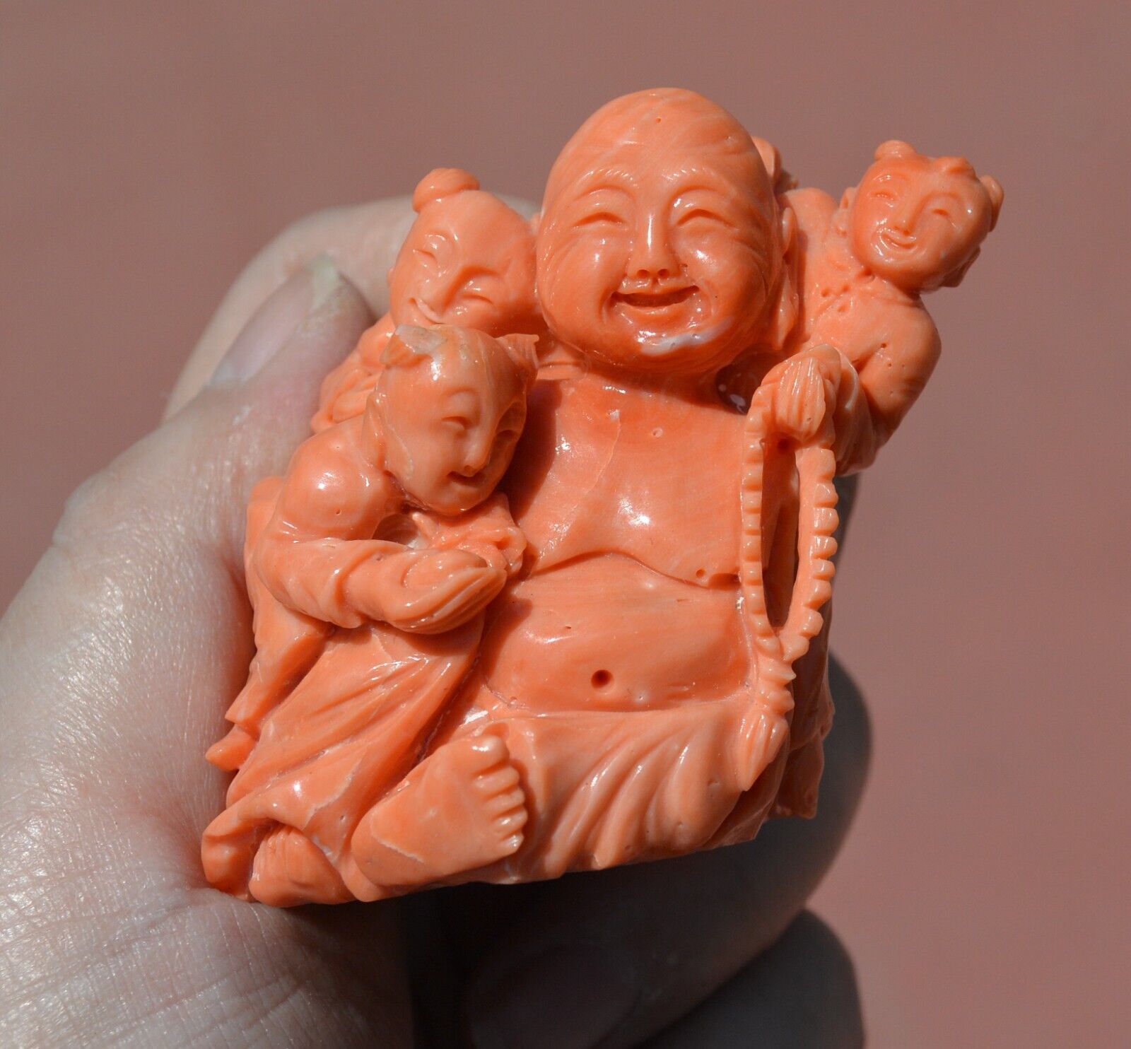 131G Chinese Natural Salmon Coral Carved Carving Hotei Buddha 3 Children Figure