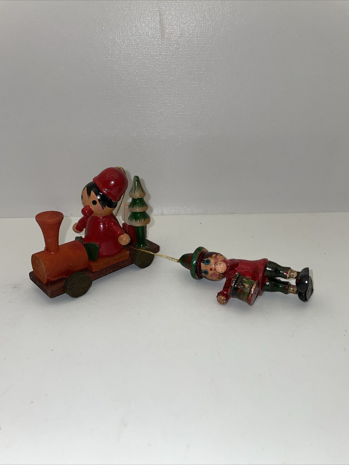 Vintage wooden Christmas ornaments Train Soldier lot of 2