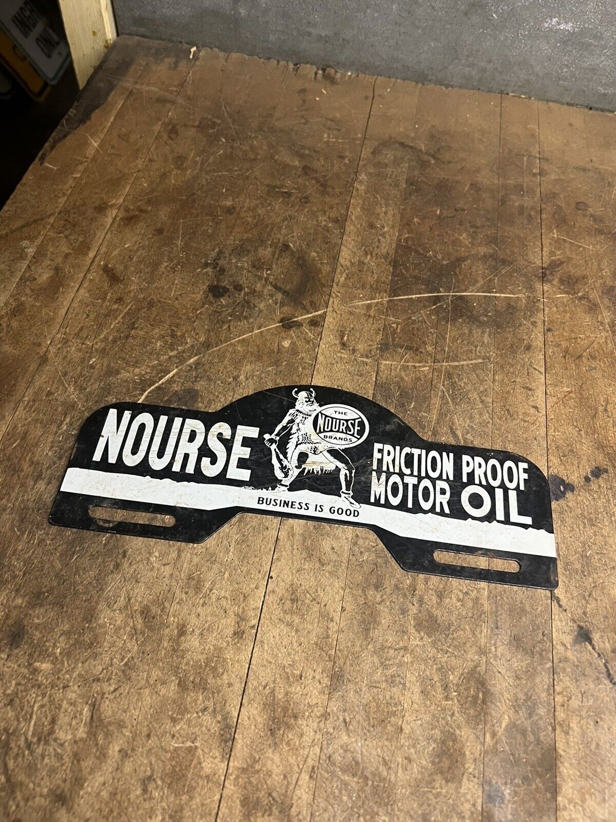 Vintage Nourse Brand Motor Gas Oil Viking Car Metal License Plate Tag Topper USA