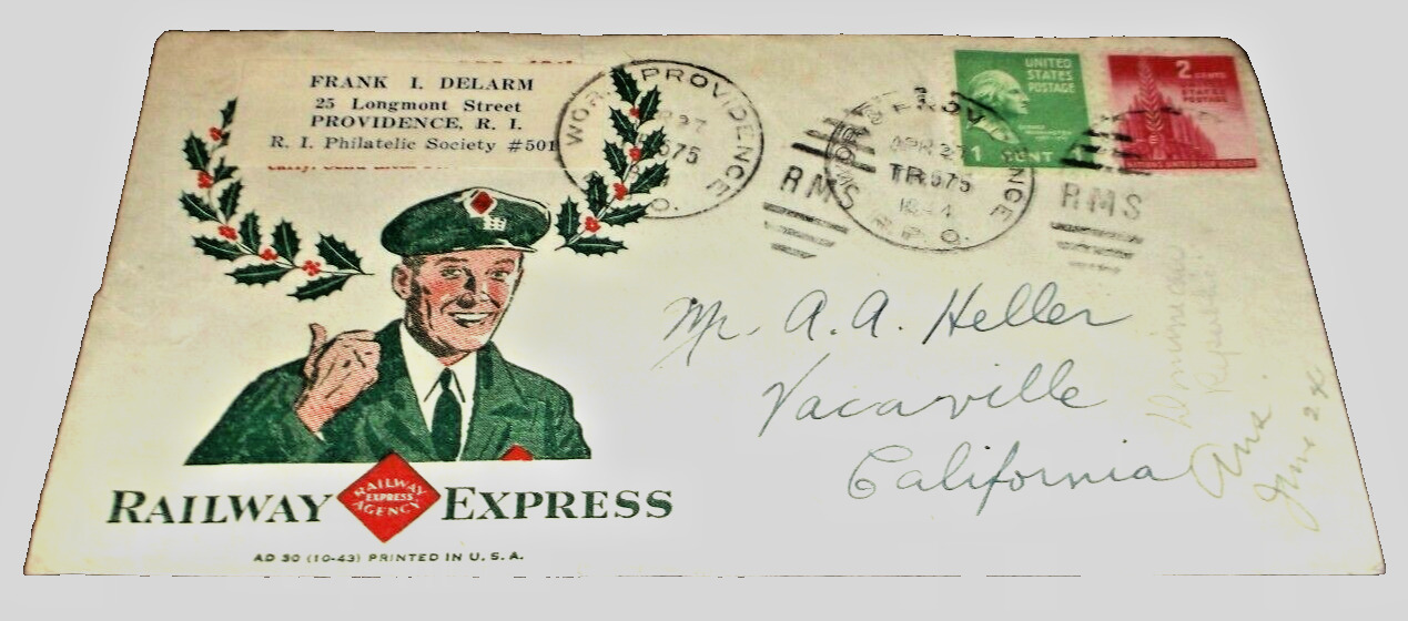 1944 NEW HAVEN RAILROAD WORCESTER & PROVIDENCE RAILWAY EXPRESS AGENCY ENVELOPE