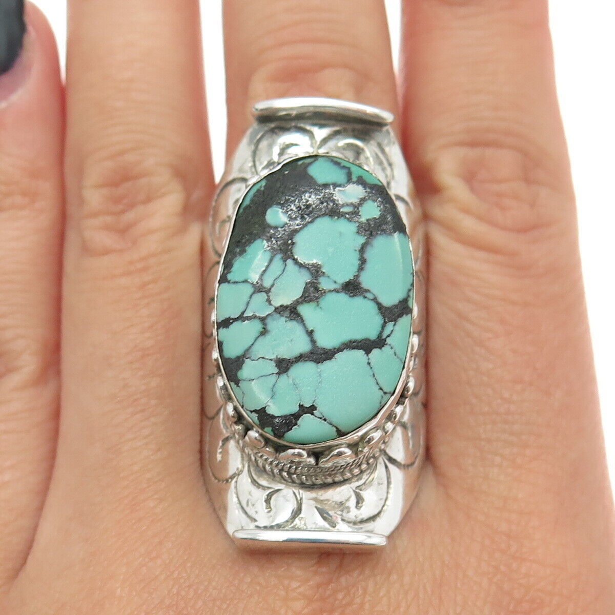 Old Pawn Navajo Sterling Silver Southwestern Peacock Turquoise Ring Size 12.25