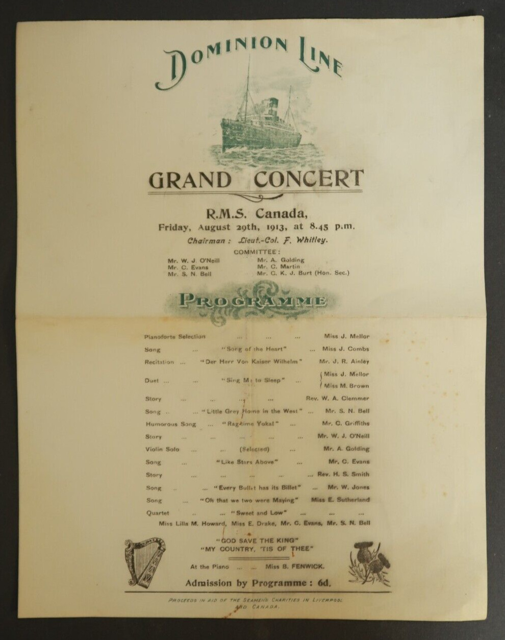 1913 R.M.S. Canada Dominion Line Grand Concert Program Royal Mail Ship