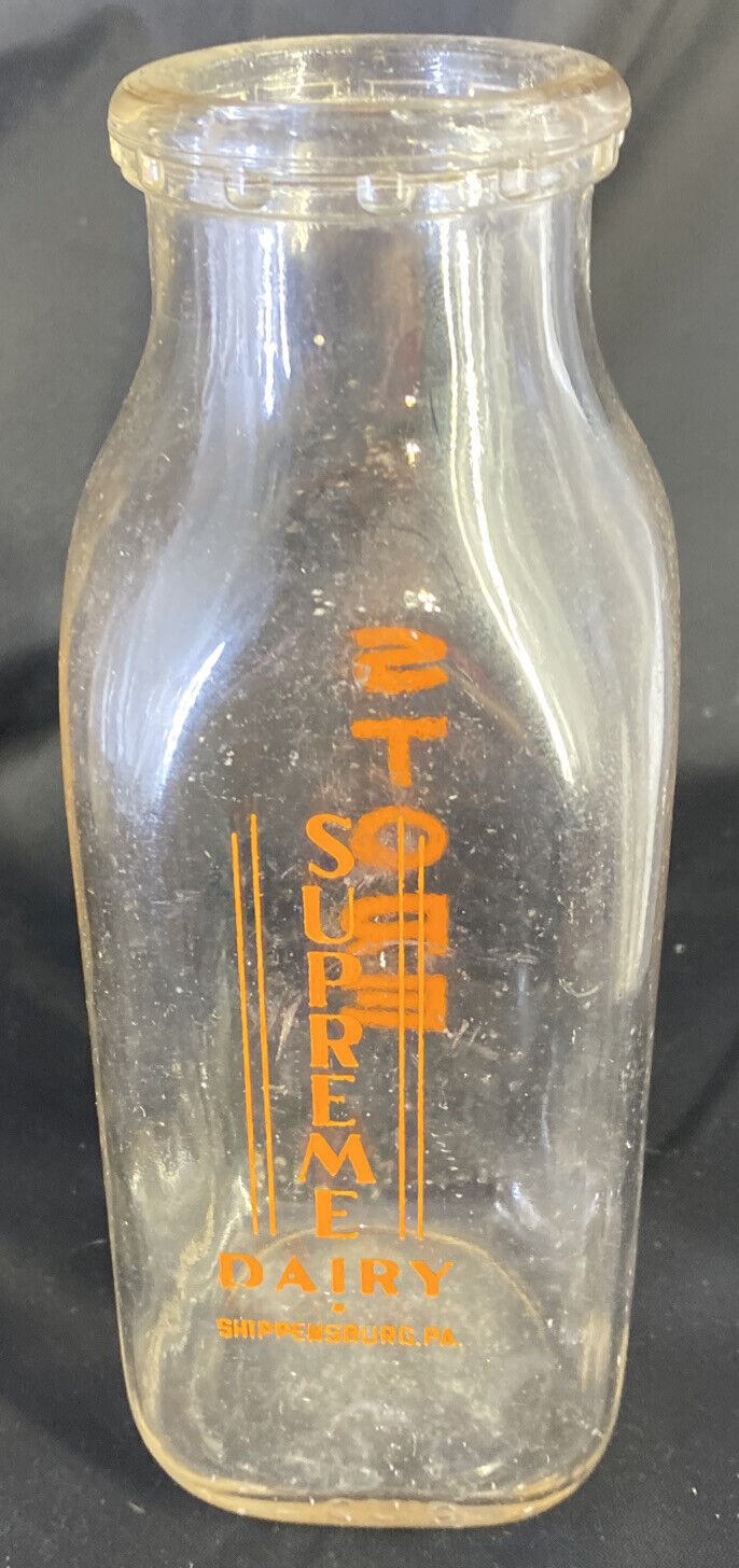 Milk Bottle Supreme Dairy Shippensburg PA Glass Clear Orange Lettering 