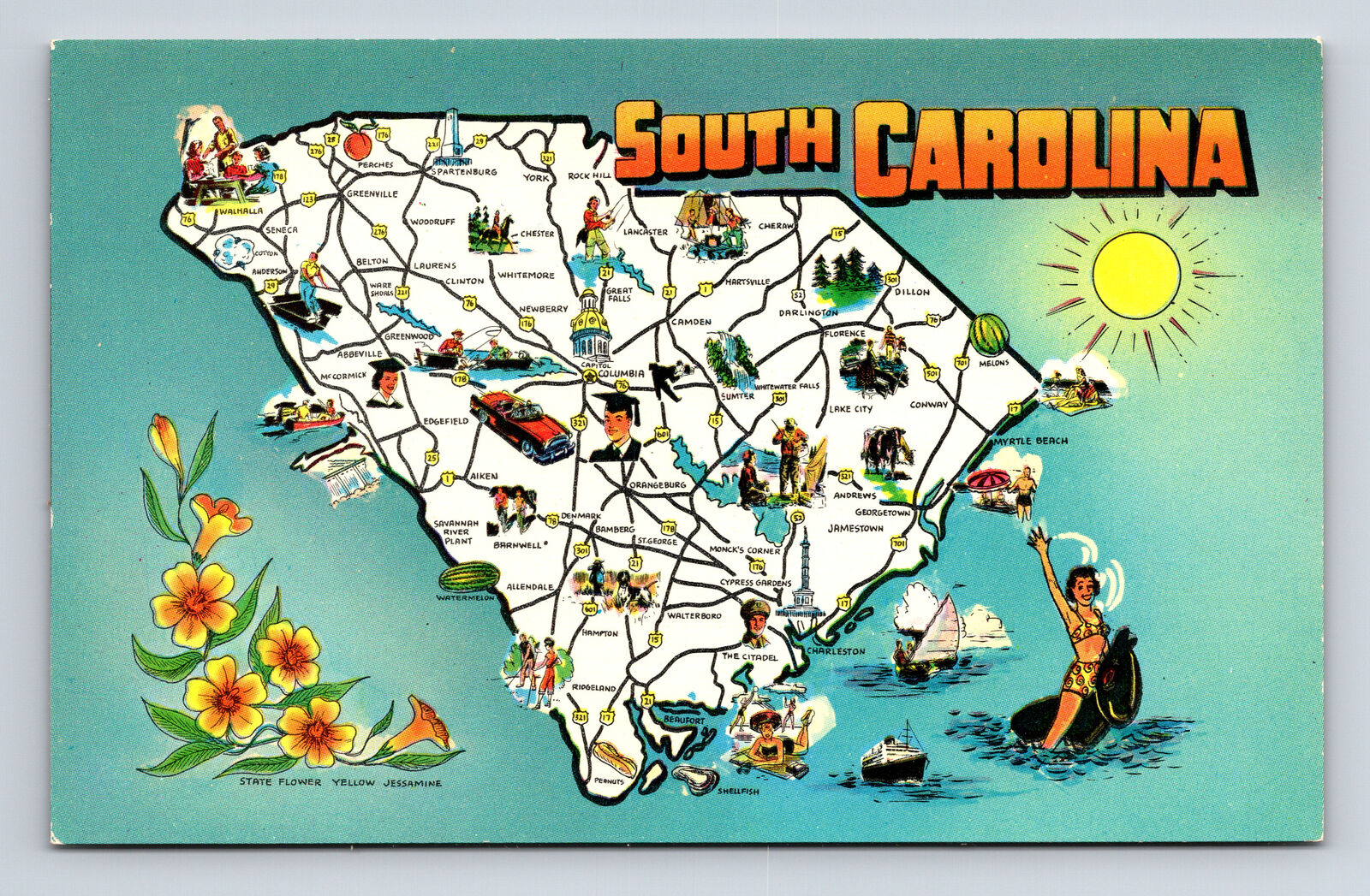 Pictorial Tourist Map State Flower Greetings South Carolina SC Postcard