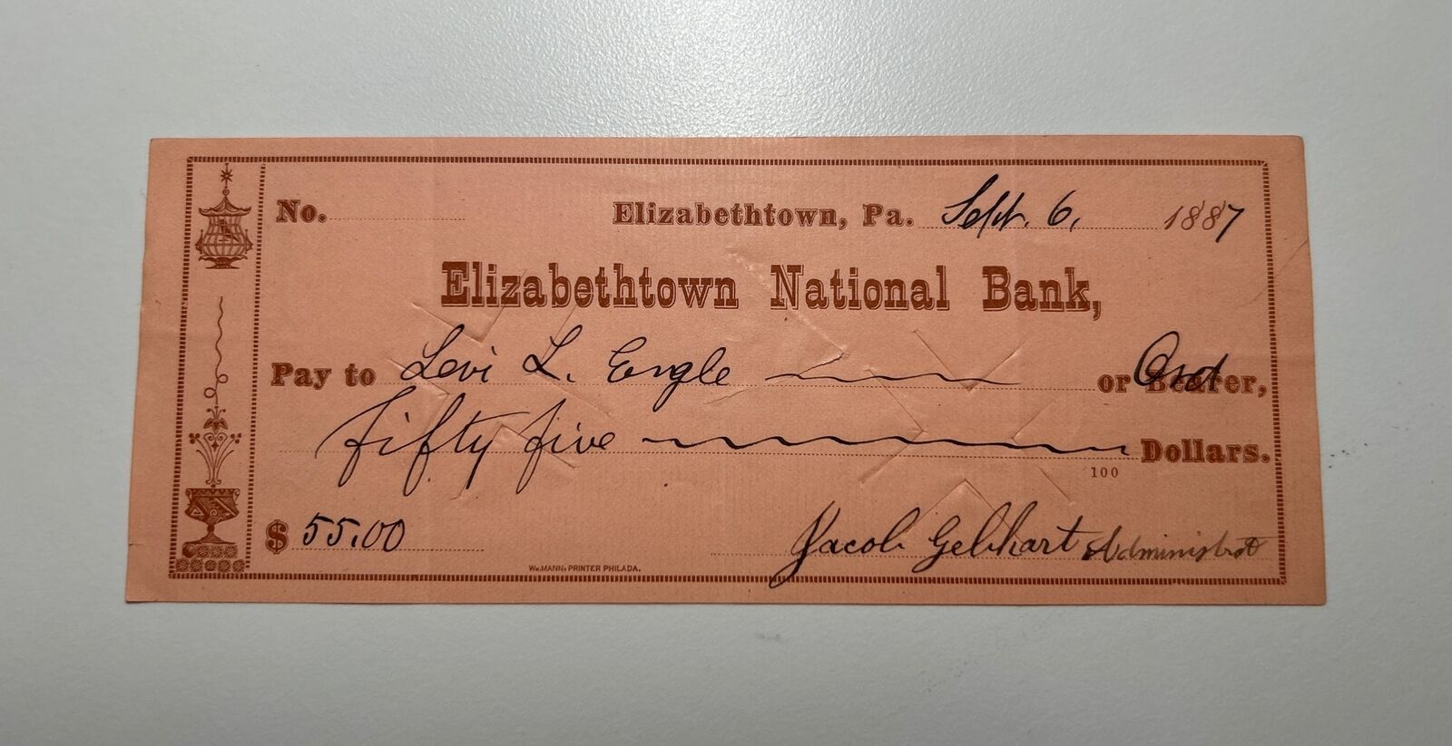 Elizabethtown National Bank - Bank Check - Elizabethtown PA - 1887