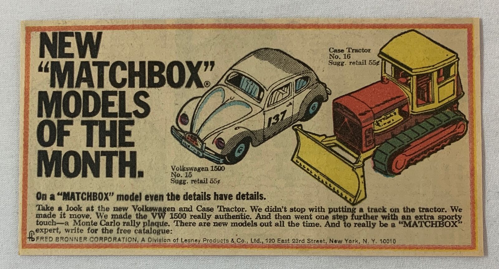 1969 Matchbox ad ~ VOLKSWAGEN 1500, CASE TRACTOR