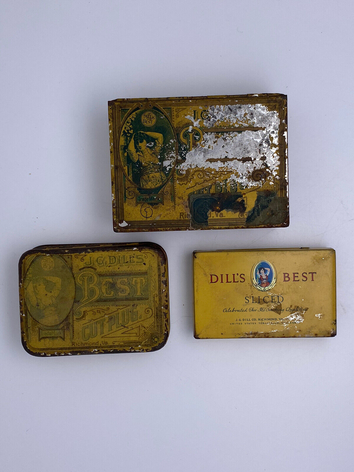 3 Vintage/Antique Dill\'s Best Assorted Sizes Tobacco Tins  1 with 1883 Tax Stamp