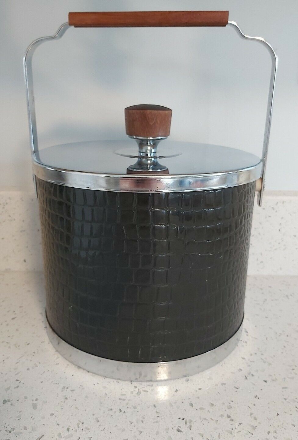 Vintage MCM Black and Chrome Faux Alligator Skin Wrap Atapco Ice Bucket