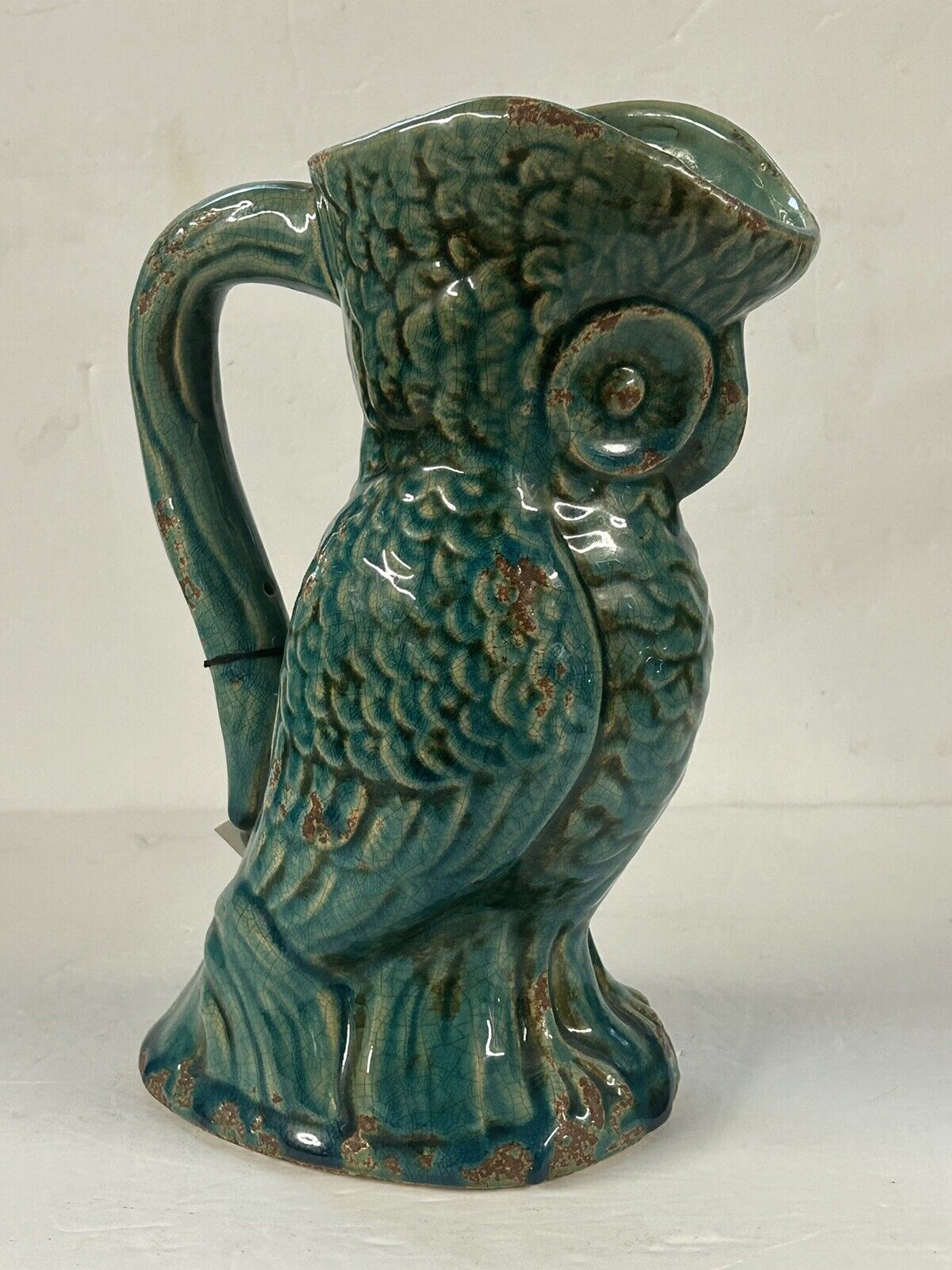 Turquoise Drip Glazed Ceramic Owl Vase Pitcher  10.5 “ H x 6 W