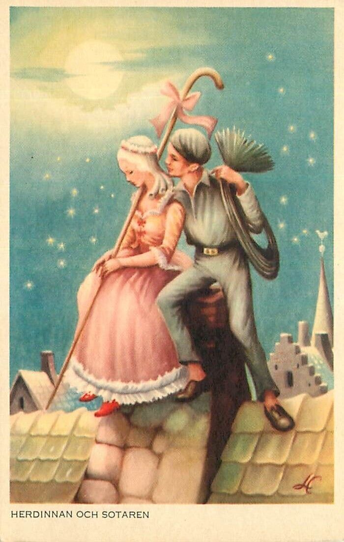 Swedish New Years Postcard Chimney Sweep & The Shepherdess