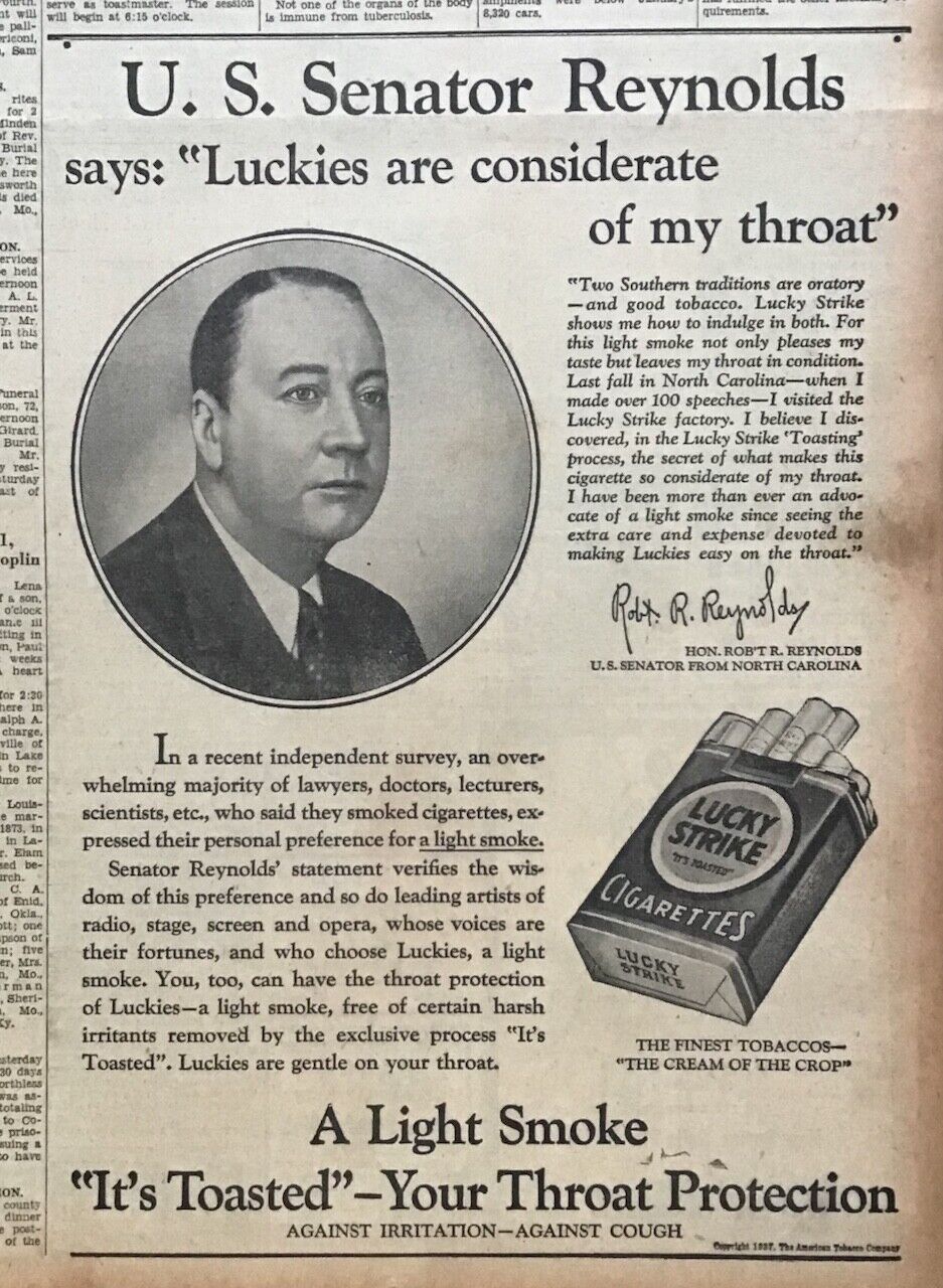 1937 newspaper ad for Lucky Cigarettes - Senator Robert R. Reynolds N. Carolina